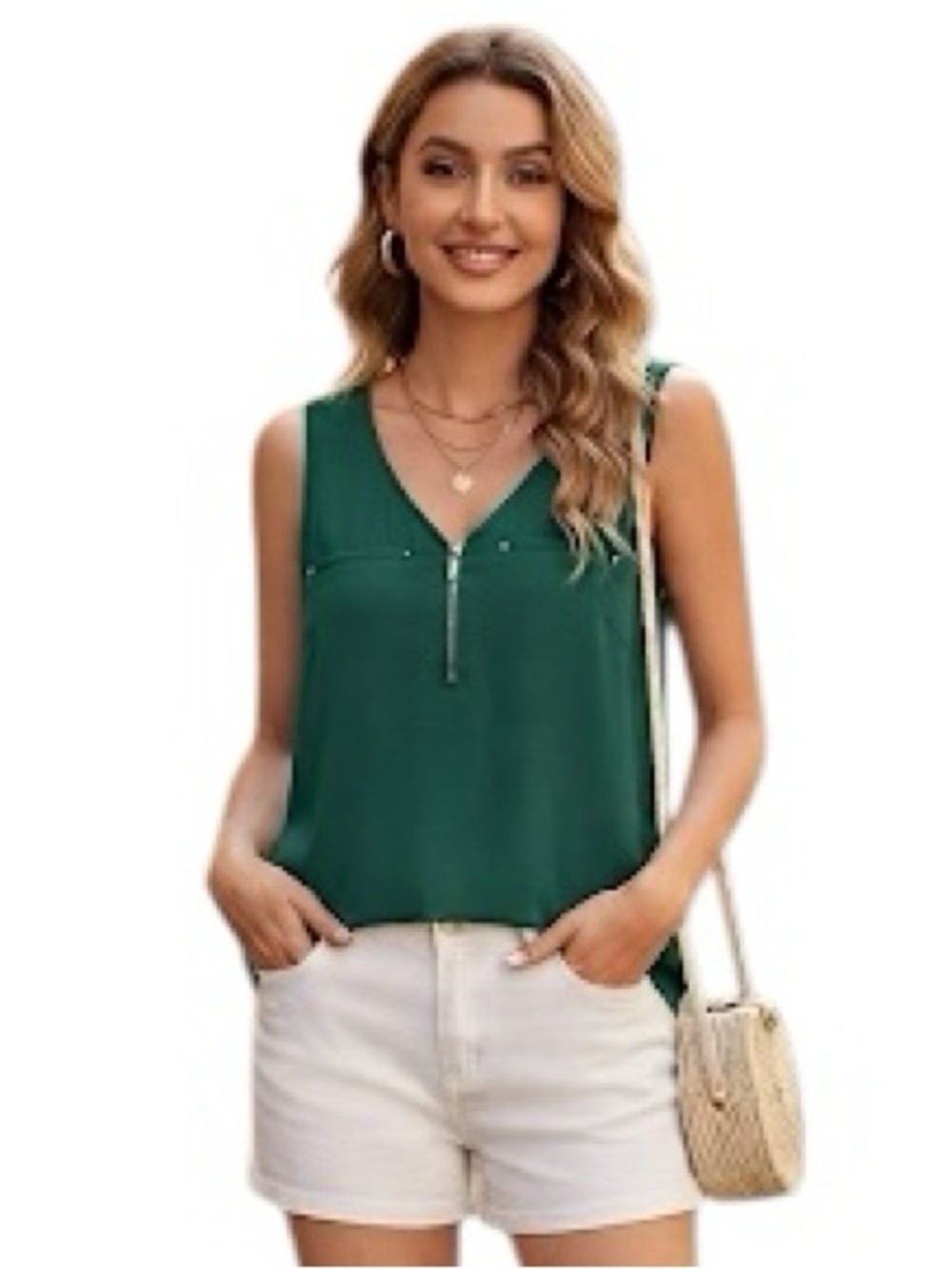 Fortune + Ivy Emerald Green Sleeveless Zip Front Blouse Size L